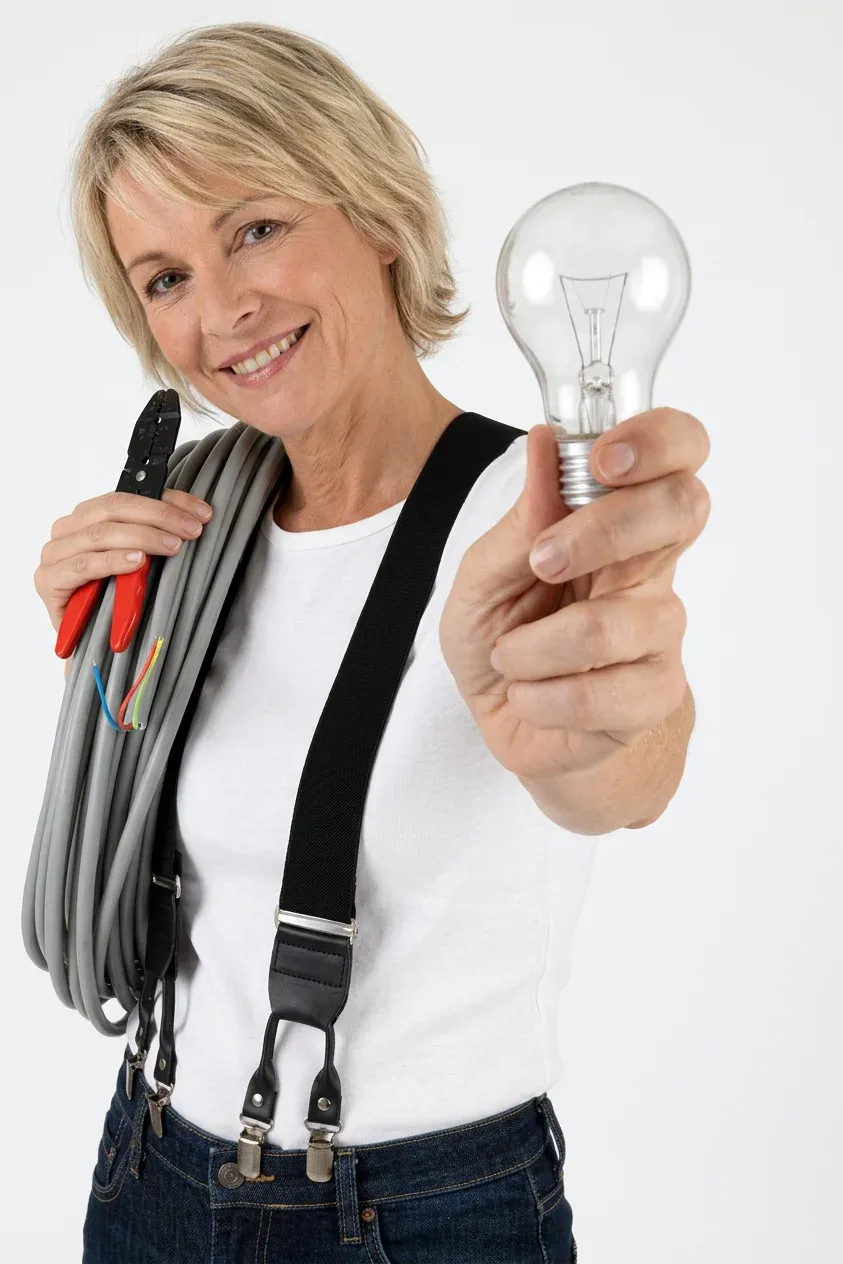 Female electrician showing light bulb