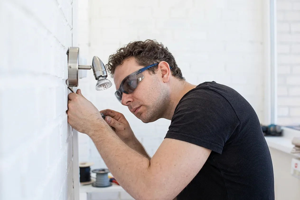 Man worker installing lamp
